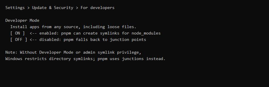 Windows 开发者模式与 pnpm symlink/junction 的关系